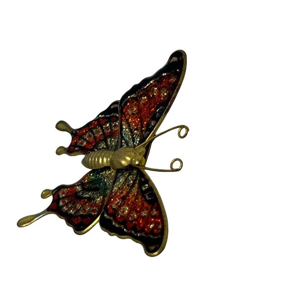 Vintage Butterfly Brooch Red Green Enamel and Glitter Pin - Picture 2 of 8
